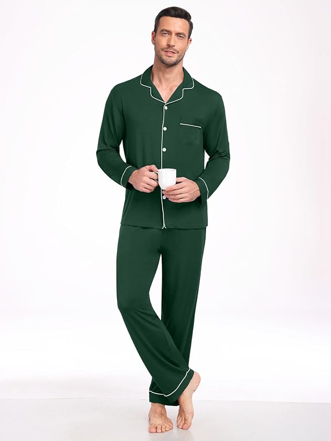 Men Modal Pajama Set Long Sleeve Pjs Button Down Sleepwear Soft Comfy Loungewear Sets 2 Piece Nightwear S-3XL