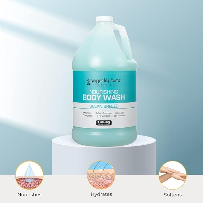 Ginger Lily Farms Club & Fitness Nourishing Body Wash, 100% Vegan & Cruelty-Free, Bath & Shower Gel for Men and Women, Ocean Breeze Scent, 1 Gallon (128 fl. oz.) Refill