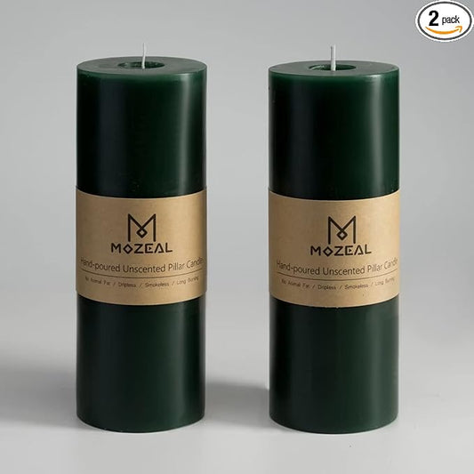 MOZEAL 3" x 8" Hand-poured Unscented Large Candle,Smokeless Rustic Pillar Candle Set of 2,Slow Burn,No Drip,Approx 150 Hours Burning,Wedding,Dinner,Christmas and Home Decorative,Tall Dark Green Candle