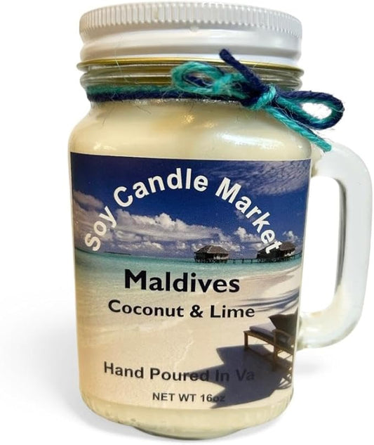 Soy Scented Candles | Handmade & Highly Aromatic Candles Burns Upto 85 Hours in Glass Jar - Perfect for Home Decor, Wedding, Birthday, Dinner (Coconut & Lime) (Maldives, 16 oz)