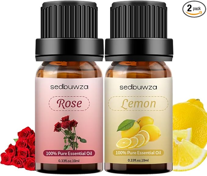 Sedbuwza Rose Lemon Essential Oil Set, Rose Fragrance Oil Lemon Scent Oil Set for Diffuser, Aromatherapy, Massage, Soap, Candle Making 2 x 10 ml