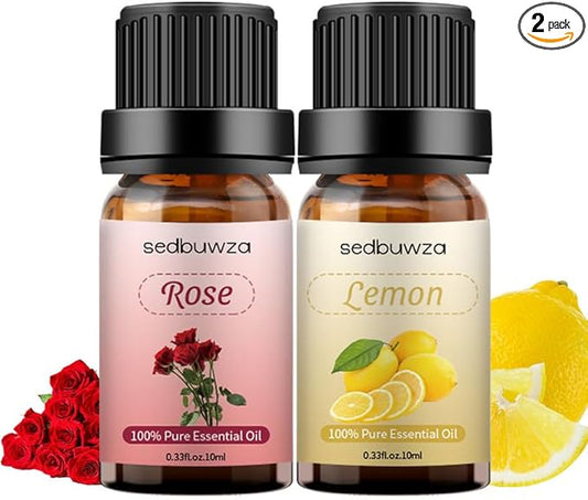 Sedbuwza Rose Lemon Essential Oil Set, Rose Fragrance Oil Lemon Scent Oil Set for Diffuser, Aromatherapy, Massage, Soap, Candle Making 2 x 10 ml