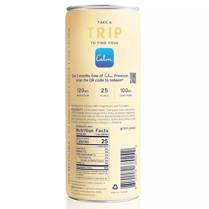 Trip Mindful Blend, Lightly Sparkling Adaptogen Seltzer, 120 MG Magnesium Citrate with Ashwagandha, Lions Mane & L Theanine, No Added Sugar, Low Calorie, Vegan, Blood Orange, 12 Oz, 12Pk