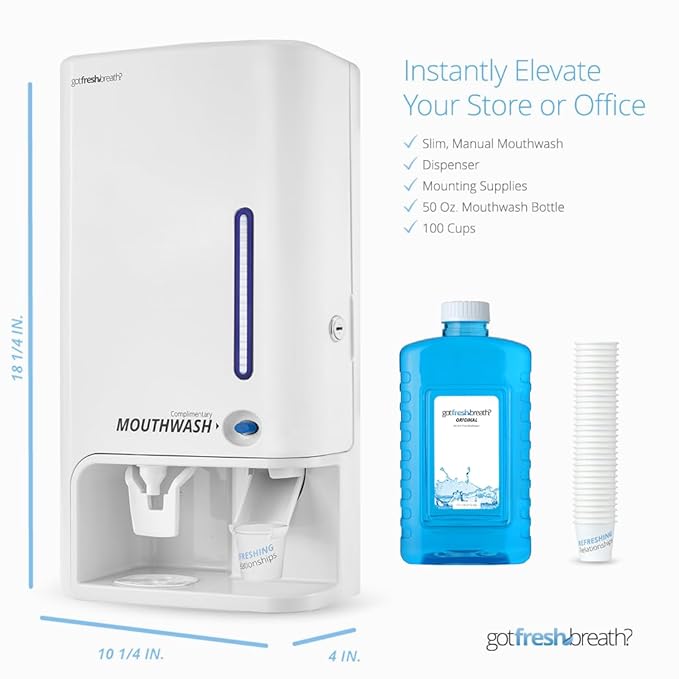 GotFreshBreath Manual Mouthwash Dispenser with Cup Holder – Standing or Wall-Mounted, Slim, Commercial Mouthwash Dispenser with 100 Cups & 50 Oz. Alcohol-Free Mouthwash (White)