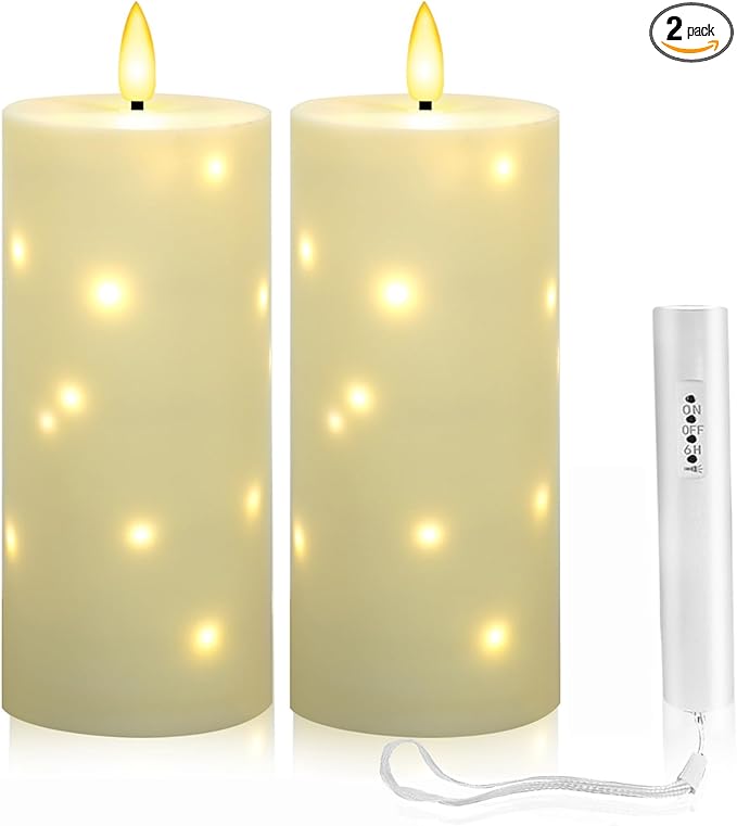 4" x 10" Large Outdoor Waterproof Flickering Flameless Candles with Timer,2Pcs Battery Operated LED Pillar Candles with Embedded Star String for Outdoor Lanterns,Porch,Patio Decor(Ivory)