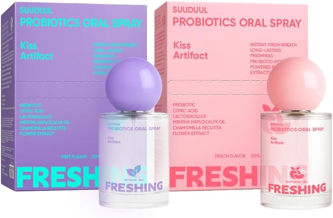 Probiotic Oral Spray, Mint & Peach Flavor Combo, Breath Spray with Prebiotics and Probiotics, Long-Lasting Freshness, Alcohol-Free, Convenient Travel-Sized, 25ml/0.85oz