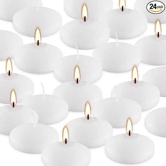 10 Hour Floating Candles, 3'' White Unscented Dripless Wax Discs, for Cylinder Vases, Centerpieces at Wedding, Party, Pool, Holiday (24 Set)