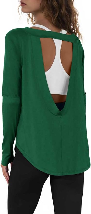 Tankaneo Womens Open Back Workout Shirts Casual Long Sleeve Boat Neck Tops Athletic Gym Yoga Tees with Thumb Holes