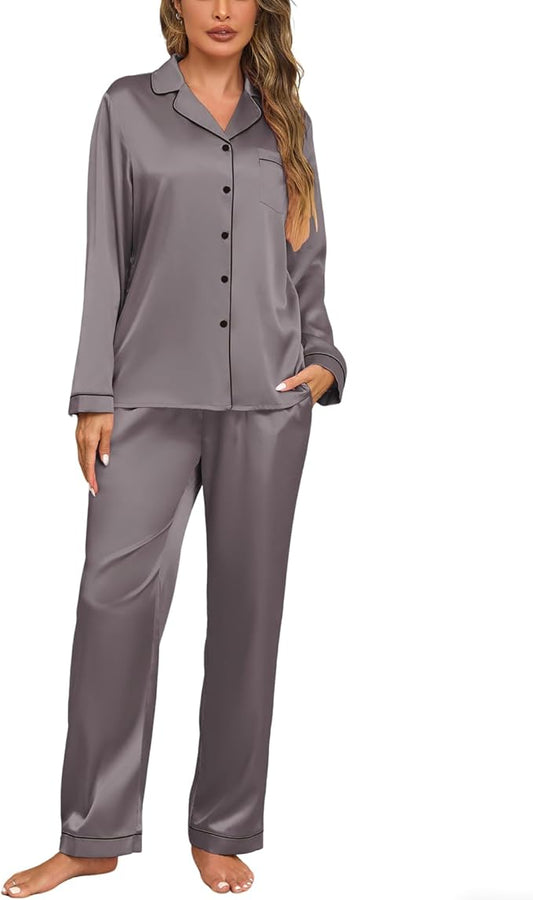 Veseacky Womens Satin Pajama Set Silk Pjs Button Down Long Sleeve Sleepwear Loungewear Sleepwear 2 Piece Pjs Set S-XXL