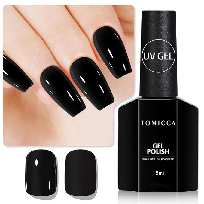 TOMICCA Black Gel Nail Polish, 15ml Black Nail Polish Fast Dry Soak Off UV LED Cure Needed Pure Color Long Lasting Nail Art Manicure Salon DIY Design