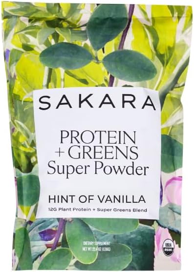 SAKARA Protein + Greens Super Powder – 30 Servings, Organic Plant-Based Blend with Hemp, Pumpkin, Pea Protein, Wheatgrass & Spirulina, Vegan Superfood Drink Mix