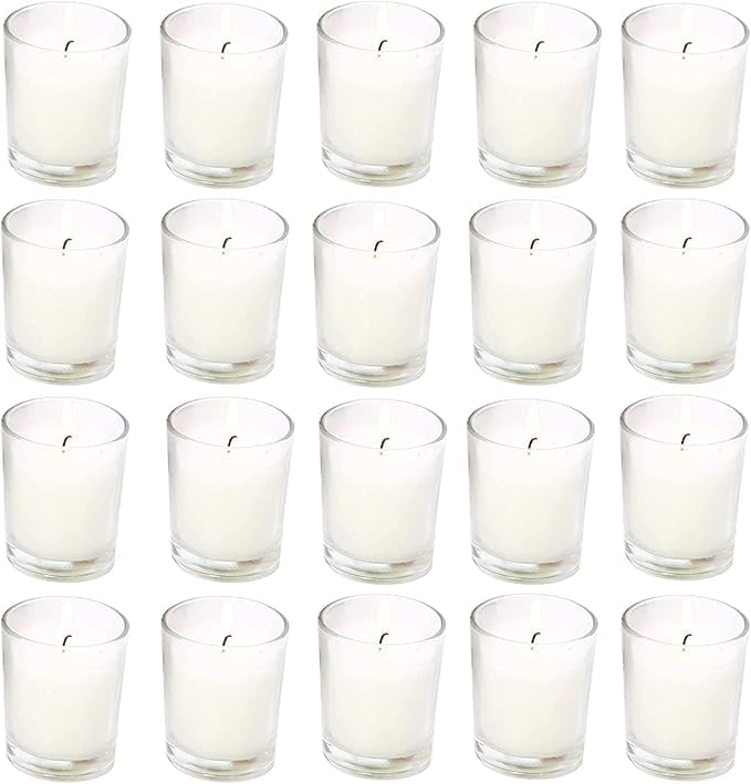 20 Pack Warm White Unscented Clear Glass Filled Votive Candles. Hand Poured Wax Candle Ideal Gifts for Aromatherapy Spa Weddings Birthdays Holidays Party (Warm White)