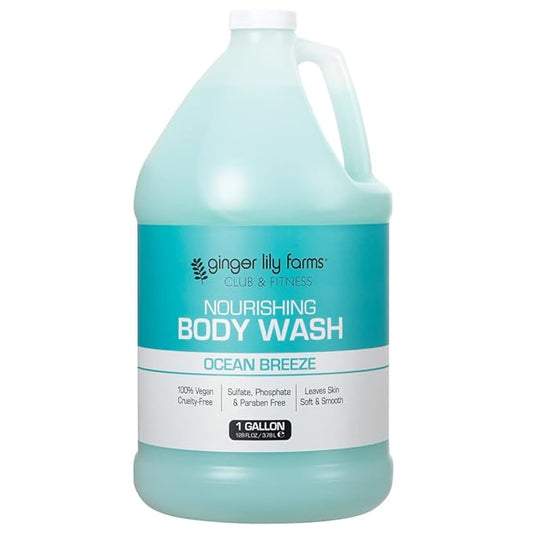 Ginger Lily Farms Club & Fitness Nourishing Body Wash, 100% Vegan & Cruelty-Free, Bath & Shower Gel for Men and Women, Ocean Breeze Scent, 1 Gallon (128 fl. oz.) Refill