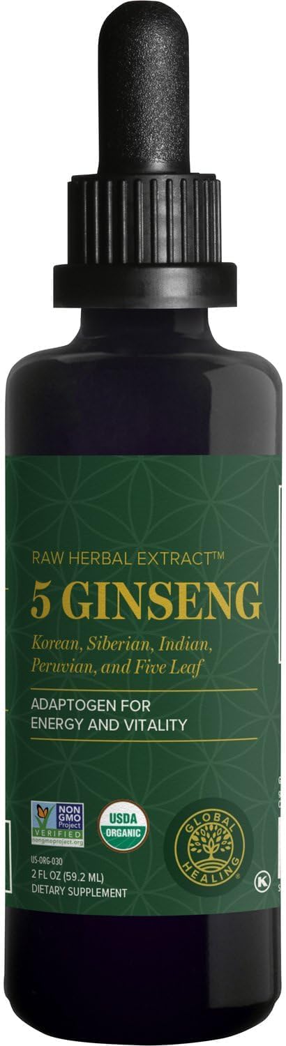 Global Healing Center - Ginseng - Organic Raw Herbal Extract - Liquid Panax Supplement Drop Promotes Energy - Korean and Siberian Ginseng Supplement, Maca, Ashwagandha - Non-GMO - 2 Fl Oz