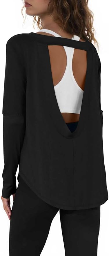 Tankaneo Womens Open Back Workout Shirts Casual Long Sleeve Boat Neck Tops Athletic Gym Yoga Tees with Thumb Holes