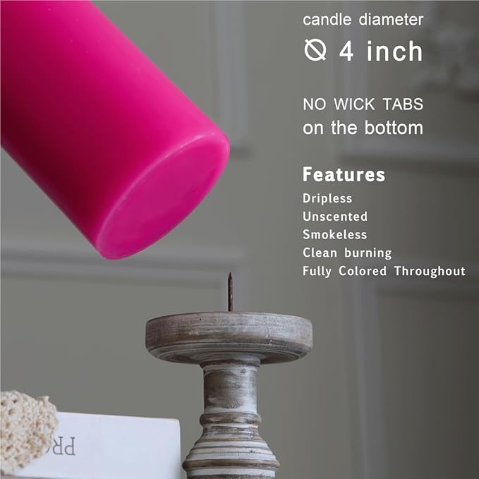 MOZEAL 4" x 10" Extra-Large Hot Pink Pillar Candles (Set of 2), Unscented, Dripless, Smokeless, Long Clean-Burning, Tall 10 inch Large Hot Pink Pillar Candles for Spring Festivities Decor