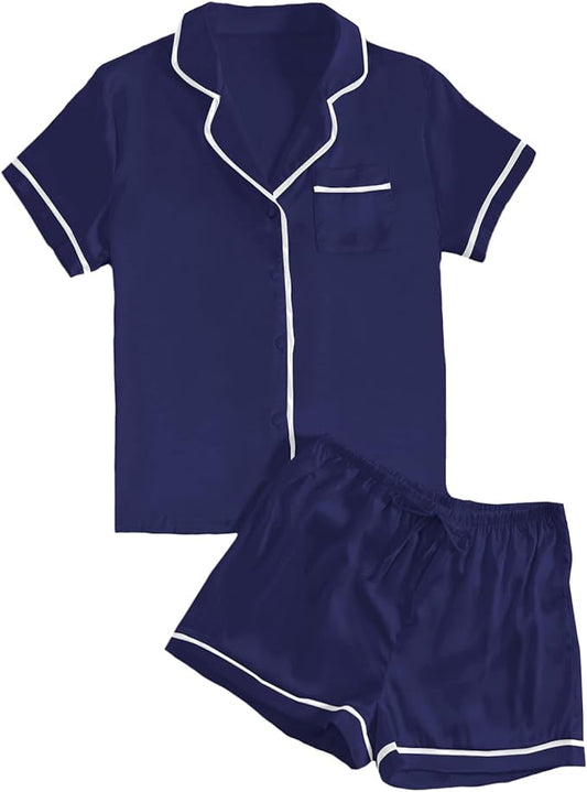 LYANER Women's Satin Silky Short Sleeve Button Shirt Sleepwear 2Piece Pajama Set