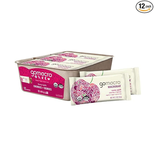 GoMacro MacroBar Organic Vegan Snack Bars - Cherries + Berries (2.0 Ounce Bars, 12 Count)