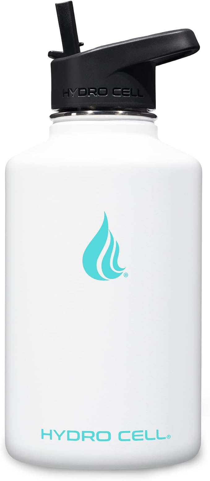 HYDRO CELL Stainless Steel Insulated Water Bottle with Straw - For Cold & Hot Drinks - Metal Vacuum Flask with Screw Cap and Modern Leakproof Sport Thermos for Adults (White 64oz)