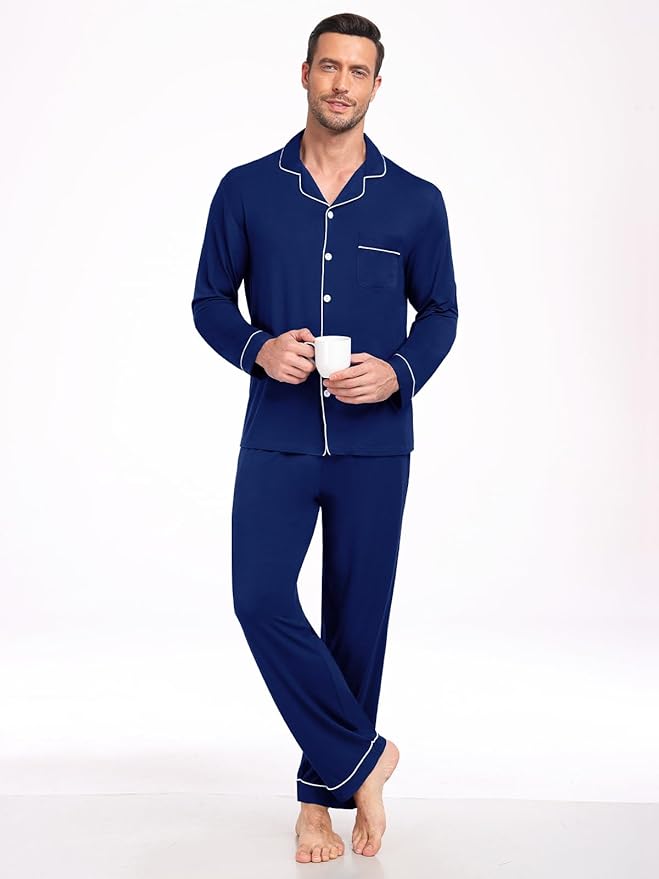 Men Modal Pajama Set Long Sleeve Pjs Button Down Sleepwear Soft Comfy Loungewear Sets 2 Piece Nightwear S-3XL