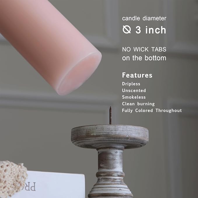 MOZEAL 3" x 6" Hand-Poured Unscented Candle, Dripless Pillar Candle Set of 3, Long Lasting Burning, Approx 120 Hours Burn Time, Rustic Country Style, for Bridal Showers, Soft Elegance, Pearl Blush