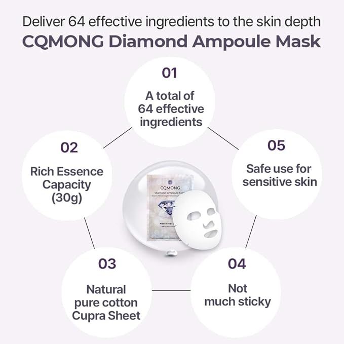 Diamond Ampoule Sheet Mask (30g x 10pcs), Korean Face Facial Masks, Glossy & Elastic Skin, Hydrating, Soothing, Nourishing, Collagen & Hyaluronic Acid, Smooth Sheet