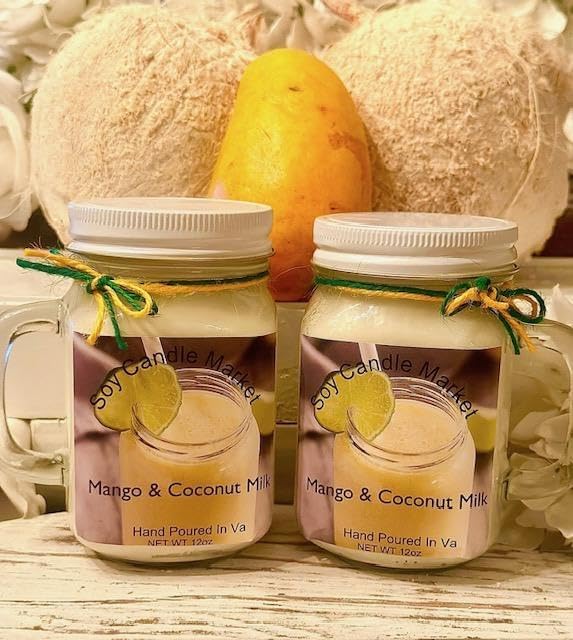 Soy Scented Candles | Handmade & Highly Aromatic Candles Burns Upto 85 Hours in Glass Jar - Perfect for Home Decor, Wedding, Birthday, Dinner (Mango & Coconut Milk, 12 oz)