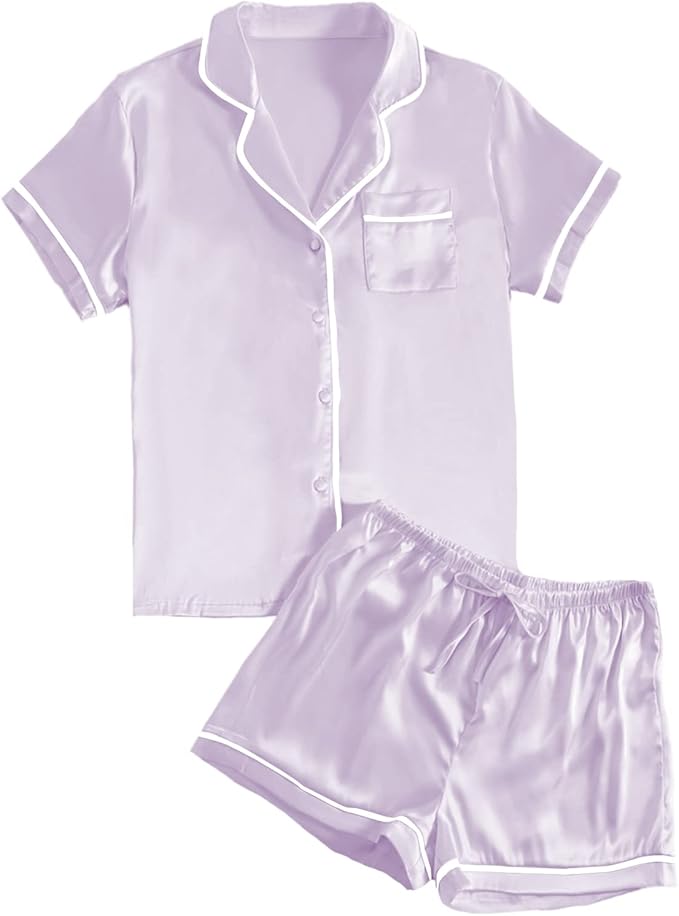 LYANER Women's Satin Silky Short Sleeve Button Shirt Sleepwear 2Piece Pajama Set