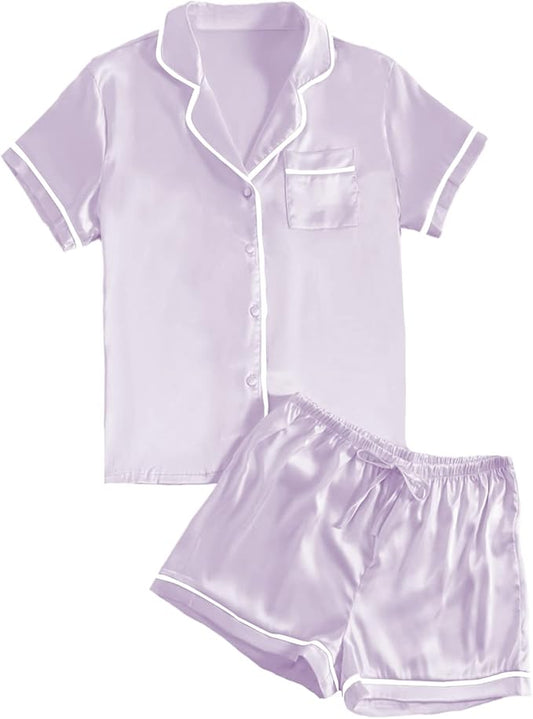 LYANER Women's Satin Silky Short Sleeve Button Shirt Sleepwear 2Piece Pajama Set