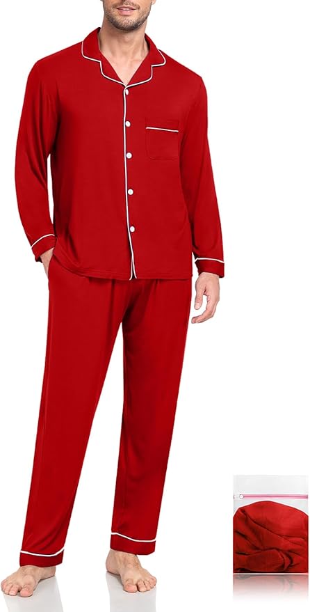 Men Modal Pajama Set Long Sleeve Pjs Button Down Sleepwear Soft Comfy Loungewear Sets 2 Piece Nightwear S-3XL