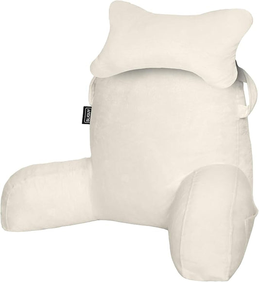 SLIGUY Reading Pillow for Sitting in Bed Couch Adult, Back Pillow with arm Support and Pockets, Adult Back Pillow Bed Chair for Bed Rest, Reading, Watching TV, Gaming for Boys and Girls Beige