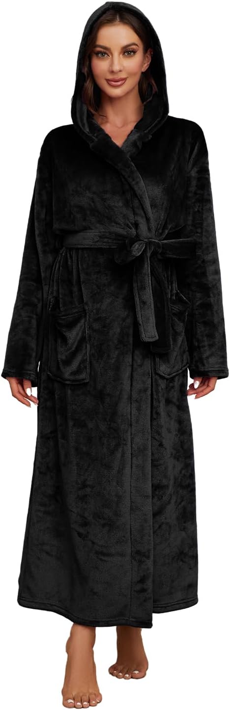 HEARTNICE Womens Long Hooded Robe, Soft Warm Fleece Bathrobes Full Length Plush House Coat