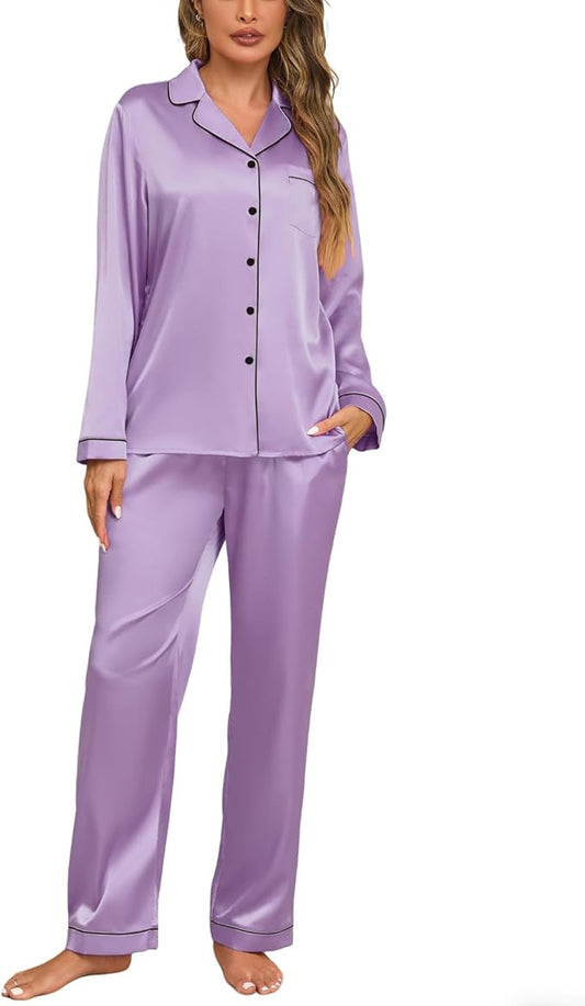 Veseacky Womens Satin Pajama Set Silk Pjs Button Down Long Sleeve Sleepwear Loungewear Sleepwear 2 Piece Pjs Set S-XXL