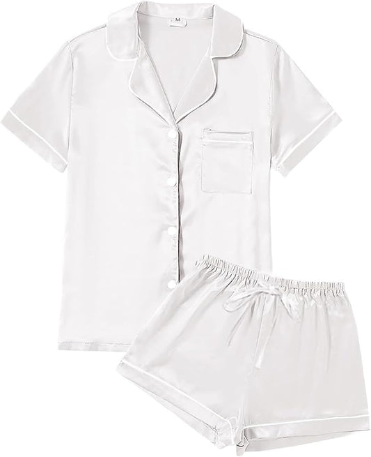 4Pcs Womens Satin Silky Pajama Sets Short Sleeve Shirt XS-4XL Floral Pajamas Set Soft PJ Loungewear Sleepwear