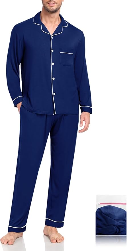 Men Modal Pajama Set Long Sleeve Pjs Button Down Sleepwear Soft Comfy Loungewear Sets 2 Piece Nightwear S-3XL