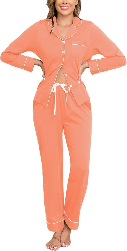Veseacky 100% Cotton Pajamas for Women Set Long Sleeve Button Down Sleepwear Soft Pjs Lounge Sets with Pockets S-XXL