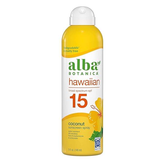 Sunscreen Spray for Face and Body, Broad Spectrum SPF 15 Sunscreen, Hawaiian Coconut, Water Resistant and Biodegradable - Alba's Quality SPF 15 - Pack of (4) x 5 fl. oz. Bottles