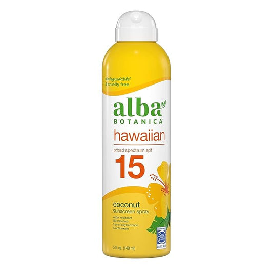 Sunscreen Spray for Face and Body, Broad Spectrum SPF 15 Sunscreen, Hawaiian Coconut, Water Resistant and Biodegradable - Alba's Quality SPF 15 - Pack of (4) x 5 fl. oz. Bottles
