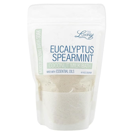 Luxiny Vegan Milk Bath Soak Made with Moisturizing Coconut Milk Powder, Essential Oil, & Sweet Almond Oil for a Bath Bomb Dust Soothing Fizz & Relaxing Soak, 8 oz. (Eucalyptus Spearmint)