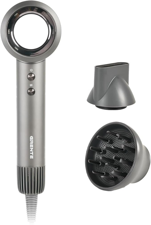 Bladeless Ionic Hair Dryer, 110,000 RPM Diffuser Hair Dryer, 300M Negative Ion, 6.5ft Cord, 3 Heat Settings & 3 Speed, with Concentrator Nozzle and Diffuser for Curly Hair, for Women Men, Grey