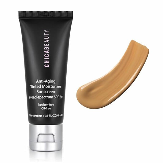 CHICA BEAUTY 3 in 1 Tinted Face Moisturizer with Anti-Aging Antioxidants, Vitamin A&E - SPF 30 Sunscreen with UVA/UVB Protection - Oil Free, Vegan, Cruelty & Paraben Free, For All Skin Types (Deep)