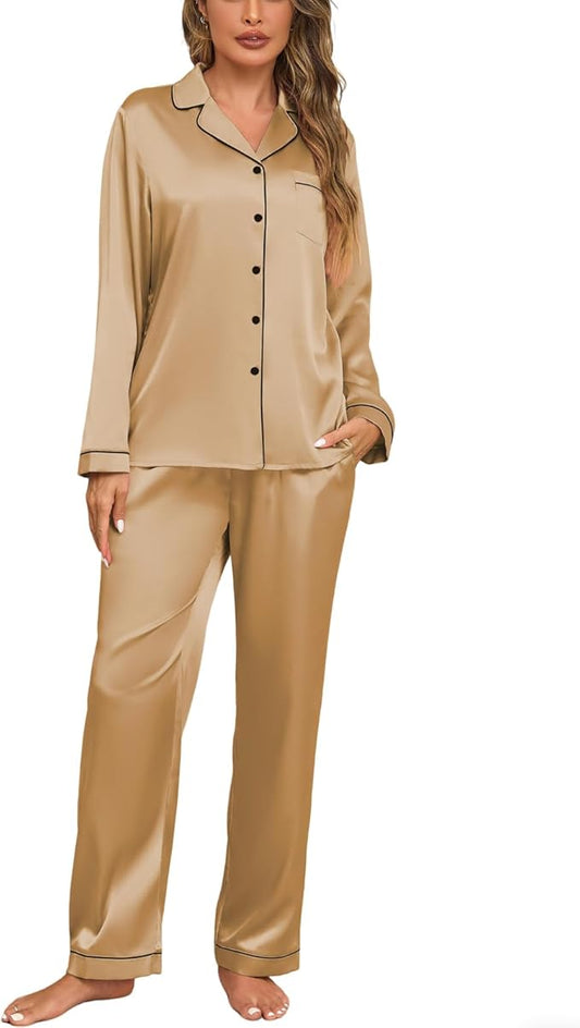 Veseacky Womens Satin Pajama Set Silk Pjs Button Down Long Sleeve Sleepwear Loungewear Sleepwear 2 Piece Pjs Set S-XXL