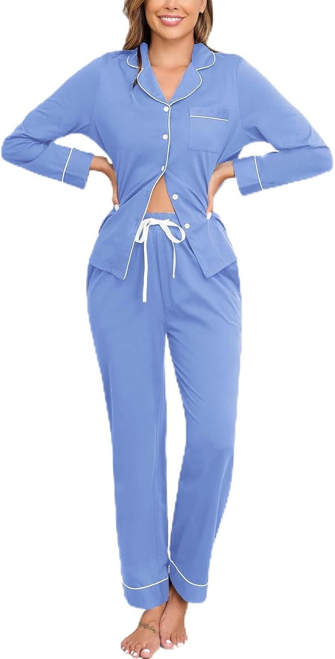 Veseacky 100% Cotton Pajamas for Women Set Long Sleeve Button Down Sleepwear Soft Pjs Lounge Sets with Pockets S-XXL