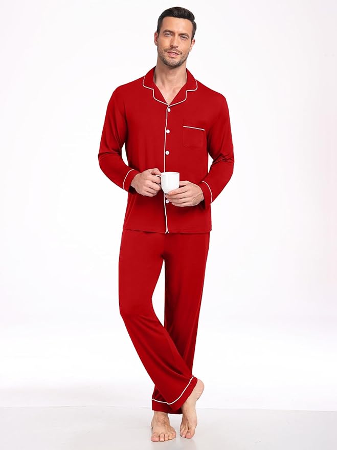 Men Modal Pajama Set Long Sleeve Pjs Button Down Sleepwear Soft Comfy Loungewear Sets 2 Piece Nightwear S-3XL