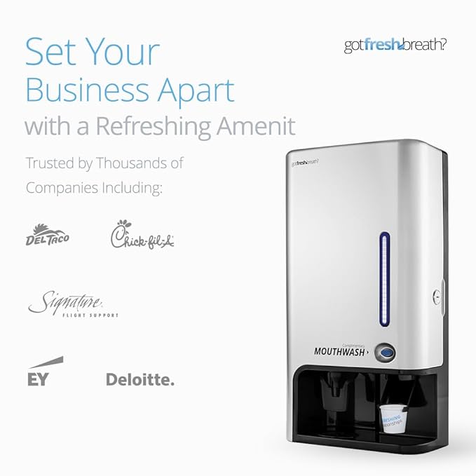 GotFreshBreath Manual Mouthwash Dispenser with Cup Holder – Standing or Wall-Mounted, Slim, Commercial Mouthwash Dispenser with 100 Cups & 50 Oz. Alcohol-Free Mouthwash (Nickel)…