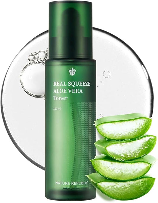 Nature Republic Real squeeze aloe vera Toner –Hydrating Moisturizer & Hydrating Glow for Face Fast-Absorbing, Non-Sticky After Sun & Aftershave Korean beauty Skin Care for All Skin Types150ml / 5.24oz