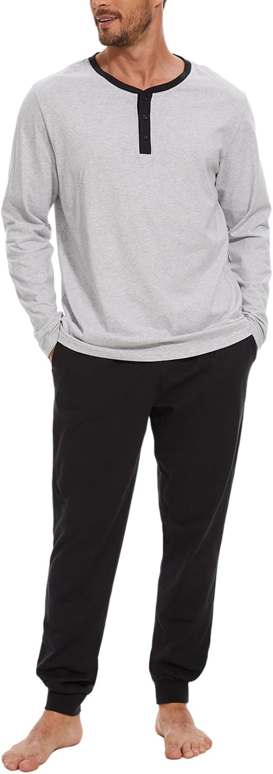 Men's Pajama Set with Henley Neckline 100% Cotton Soft and Comfortable Nightwear 2-Piece Lounge Set