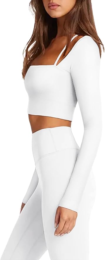 LASLULU Womens Sexy Square Neck Crop Top Ribbed Seamless Long Sleeve Workout Tops Halter Neck Athletic Yoga
