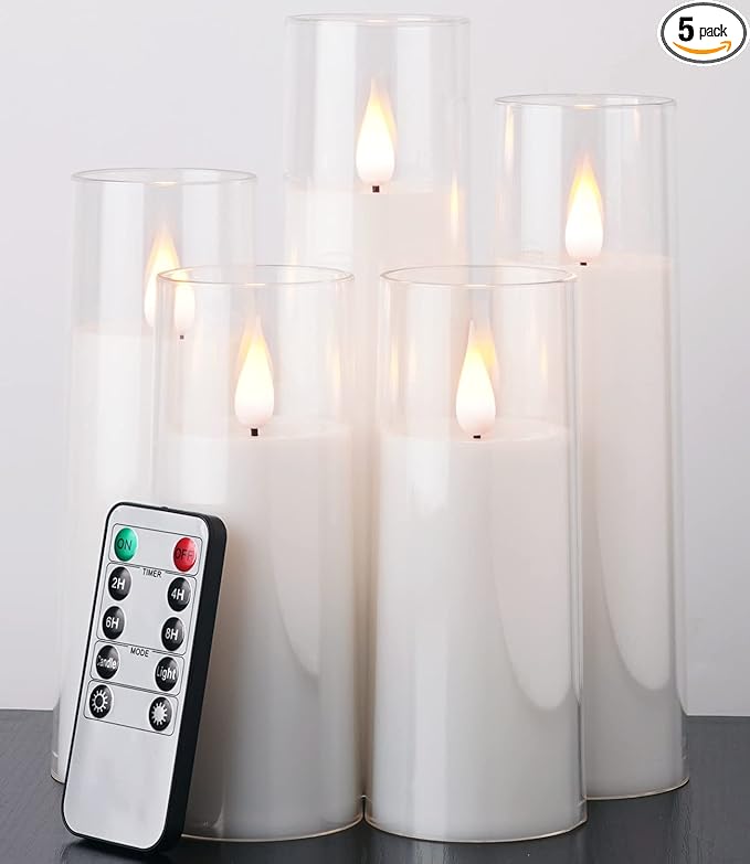 Amagic Pure White Flameless Candles, Battery Operated Candles, Acrylic Flickering LED Pillar Candles with Remote Control and Timer, 3D Wick, Yellow and Blue Glow, D2.2 xH5 5" 6" 7" 8", Set of 5