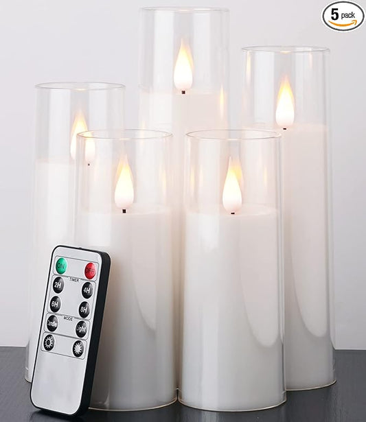 Amagic Pure White Flameless Candles, Battery Operated Candles, Acrylic Flickering LED Pillar Candles with Remote Control and Timer, 3D Wick, Yellow and Blue Glow, D2.2 xH5 5" 6" 7" 8", Set of 5